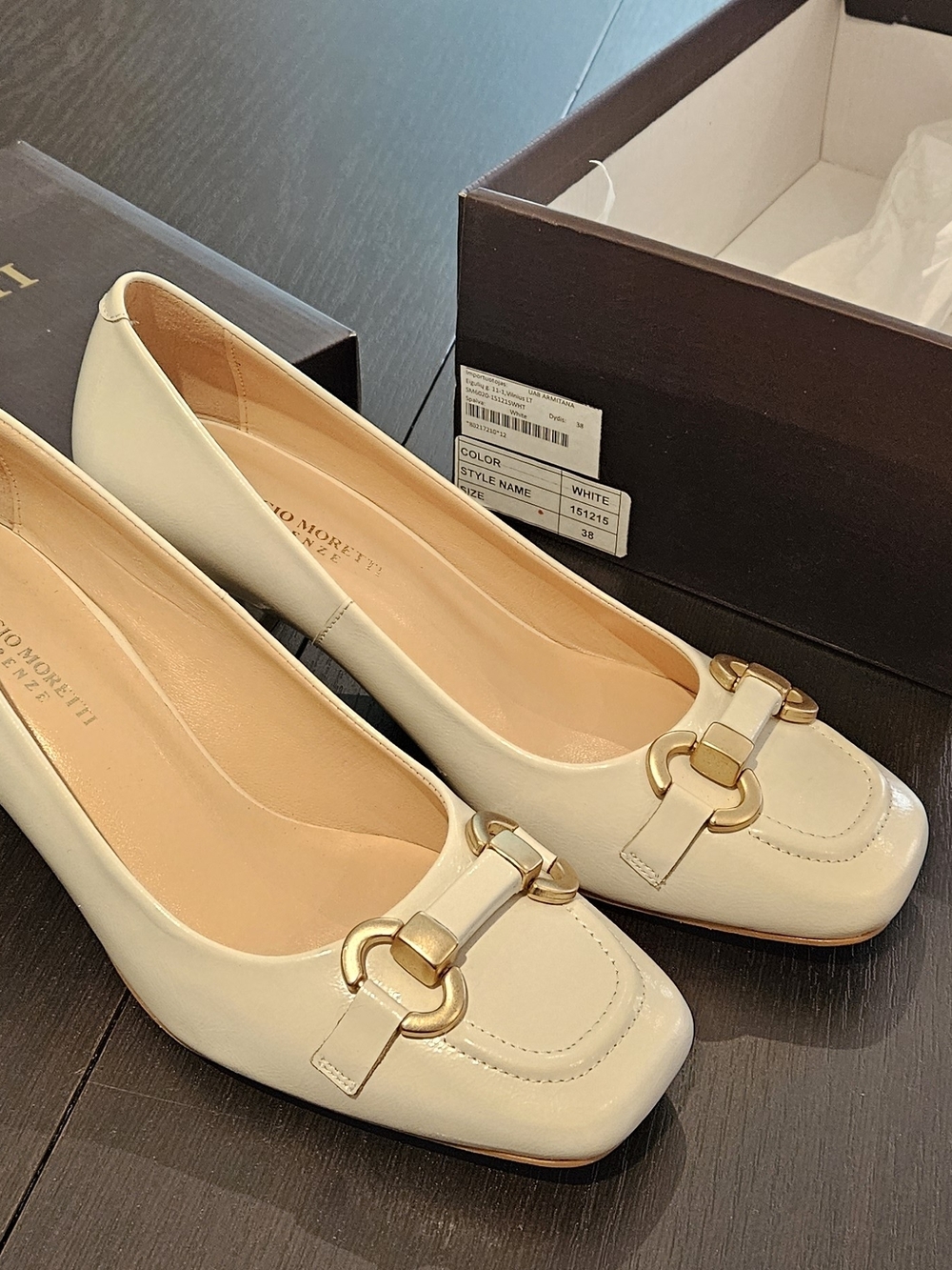 White Patent Leather Heels With Matte Gold Detail